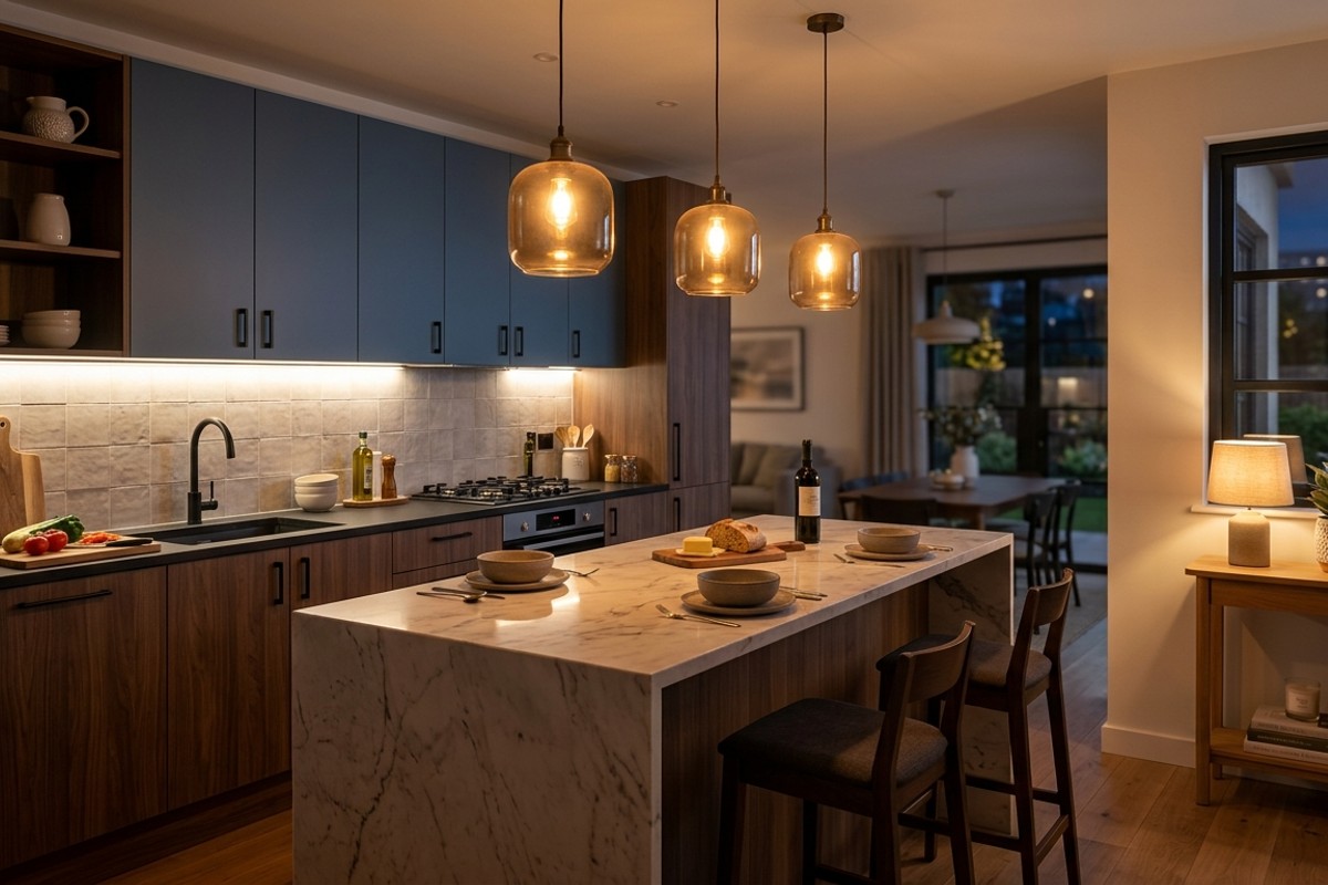 Inviting kitchen with layered lighting: dimmable pendant lights, under-cabinet strips, and a table lamp.