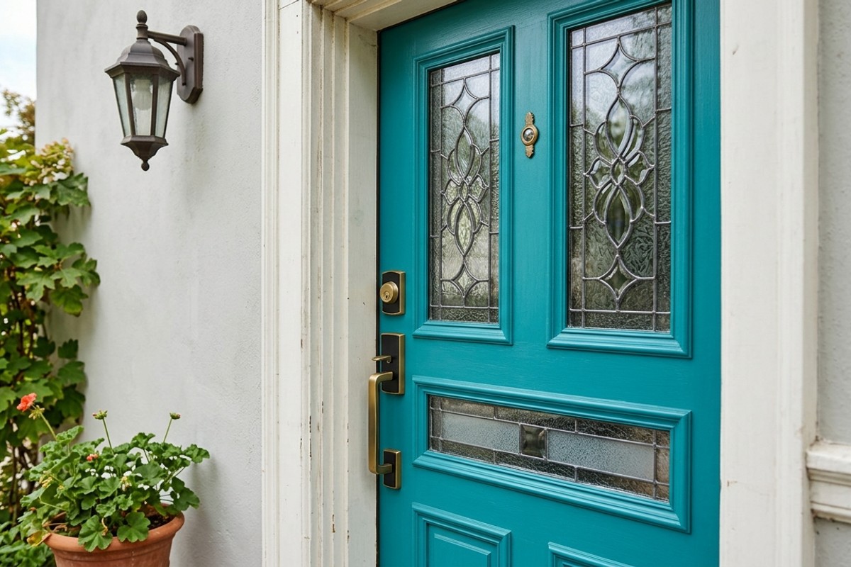 Vibrant turquoise front door with intricate glass and unique hardware, highlighting a personalized home facade.