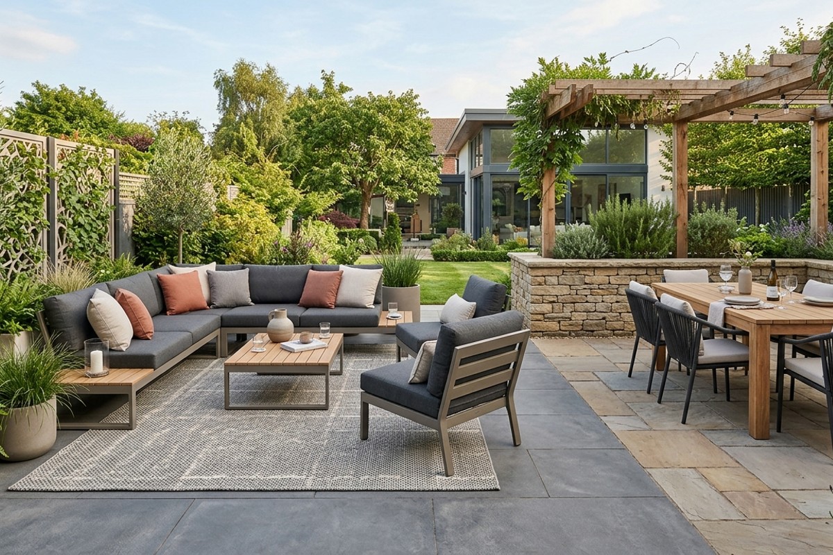 Patio with distinct zones defined by an outdoor rug, low wall, and different flooring materials.