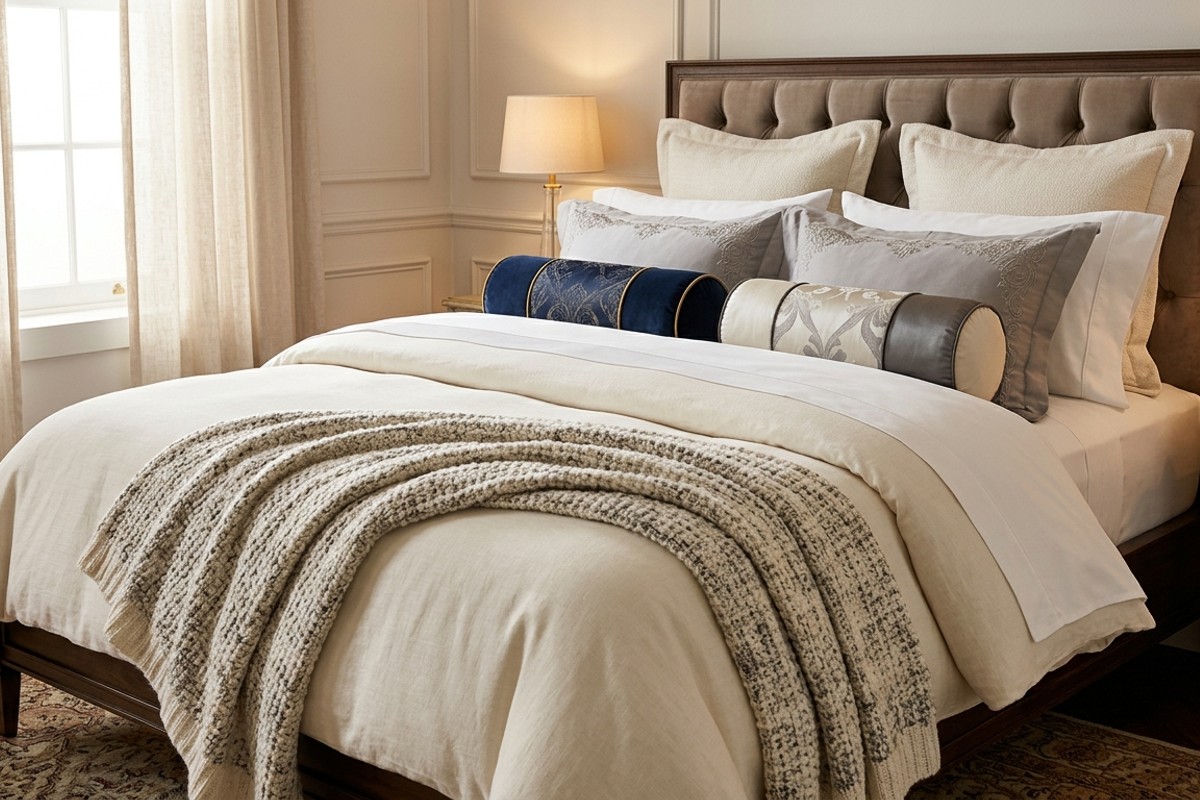 A beautifully made bed with layered Egyptian cotton sheets, a plush duvet, and decorative pillows in a luxurious hotel style bedroom.