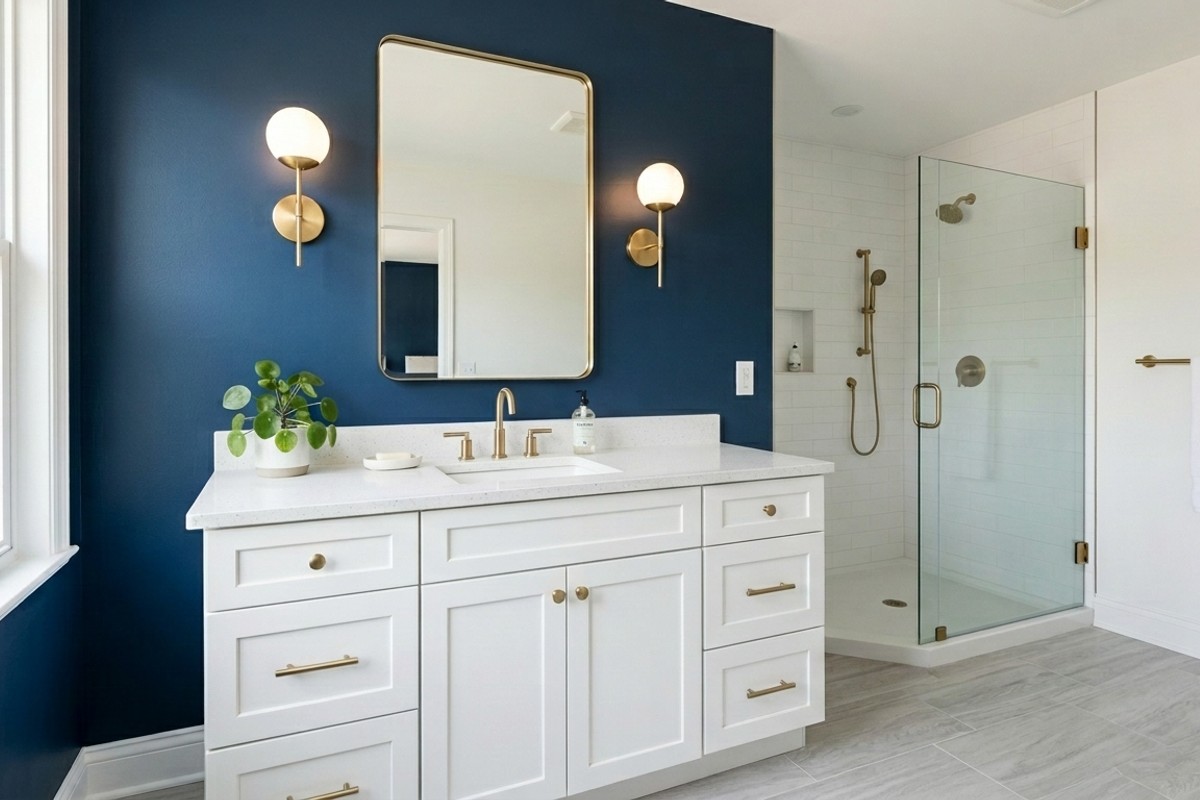Bathroom with a fresh coat of Hale Navy paint on an accent wall and a Pure White refreshed vanity
