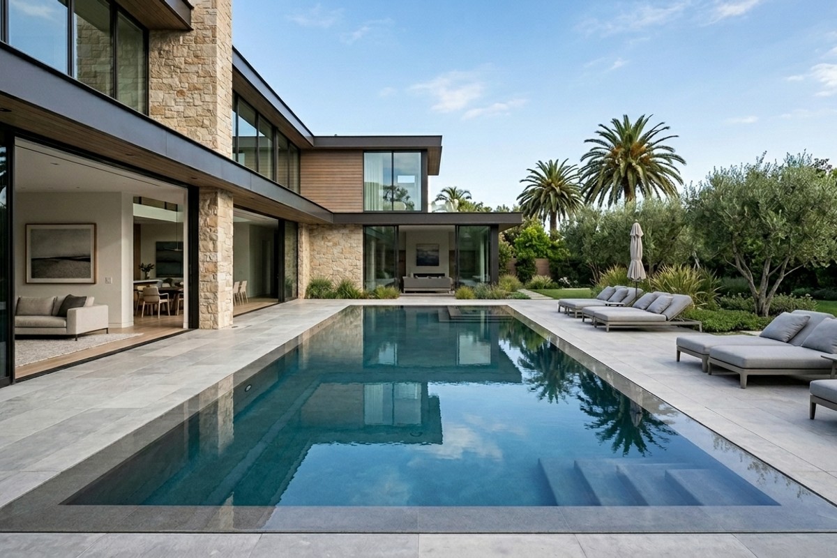 Modern rectangular pool complementing a contemporary home and a freeform pool blending into a natural landscape