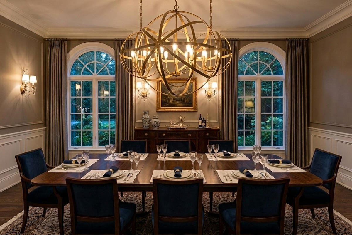 Elegant dining room with an oversized brass orb chandelier as a focal point.