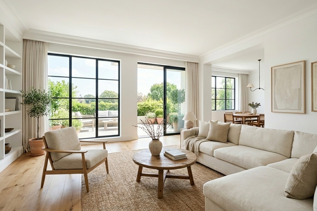Bright living room with walls painted in crisp white, showcasing a serene light color palette that reflects natural light.