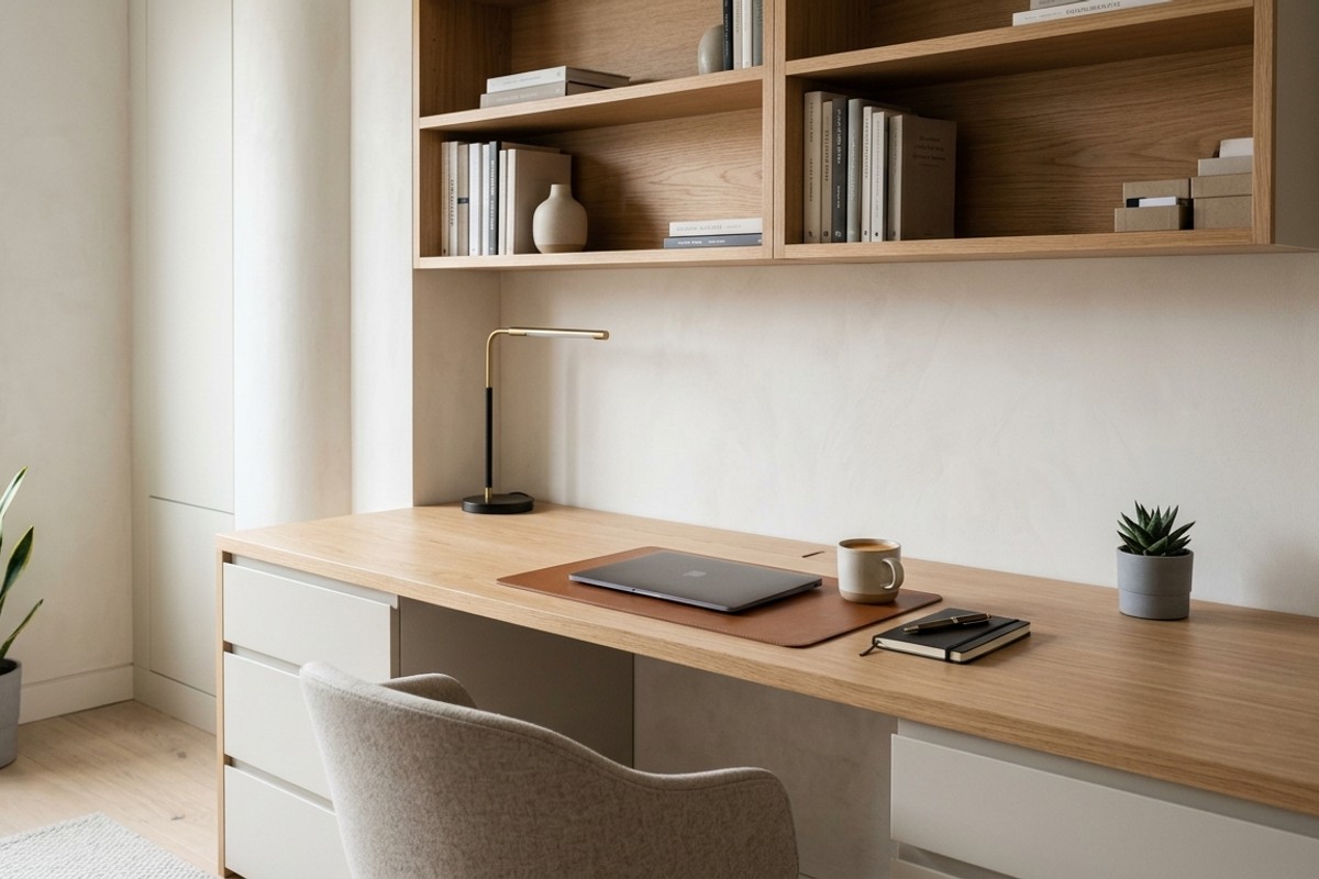 A decluttered home office desk with minimalist organizers and sleek, concealed storage, showcasing visual calm and tidiness.