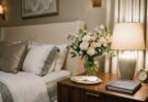 A nightstand adorned with a small, elegant bouquet of fresh flowers, adding natural beauty and luxury to a hotel-style bedroom.
