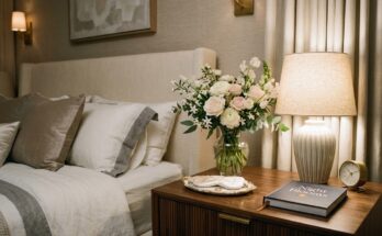 A nightstand adorned with a small, elegant bouquet of fresh flowers, adding natural beauty and luxury to a hotel-style bedroom.