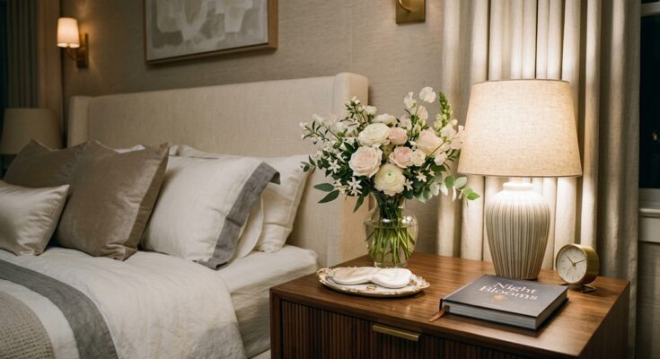 A nightstand adorned with a small, elegant bouquet of fresh flowers, adding natural beauty and luxury to a hotel-style bedroom.