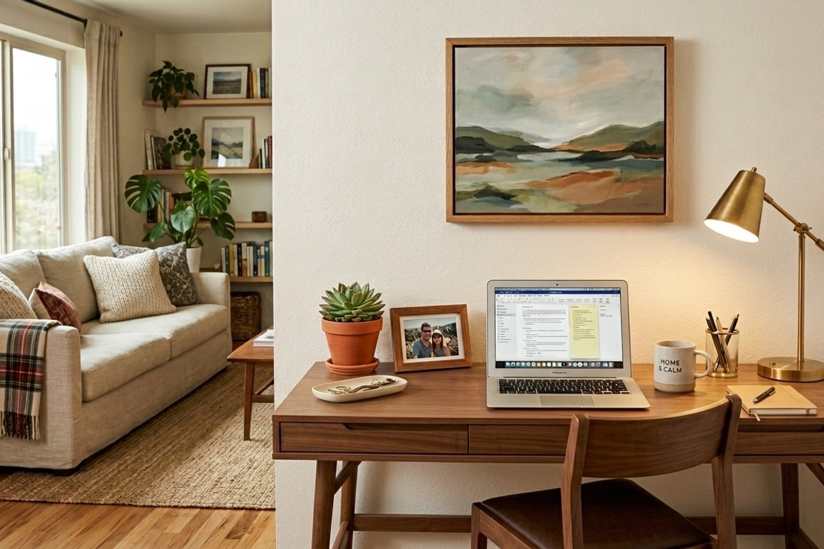 Home office desk softened with a small succulent, a framed photo, and a piece of art for a personal touch.