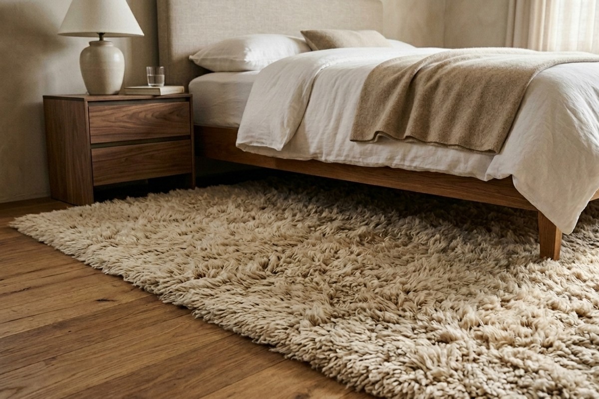Plush, neutral-toned area rug positioned next to a bed for optimal comfort underfoot.