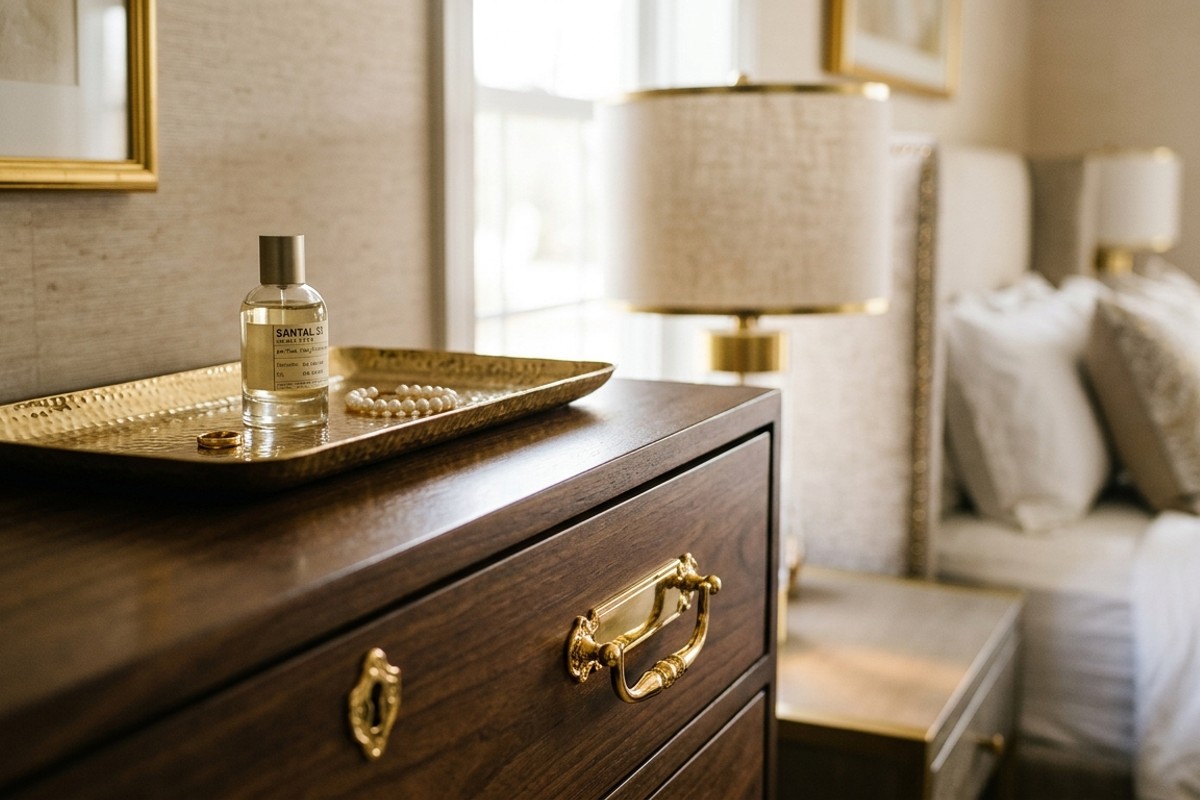 Close-up of gold and brass metallic accents on a dresser and furniture in a glamorous, luxurious bedroom.