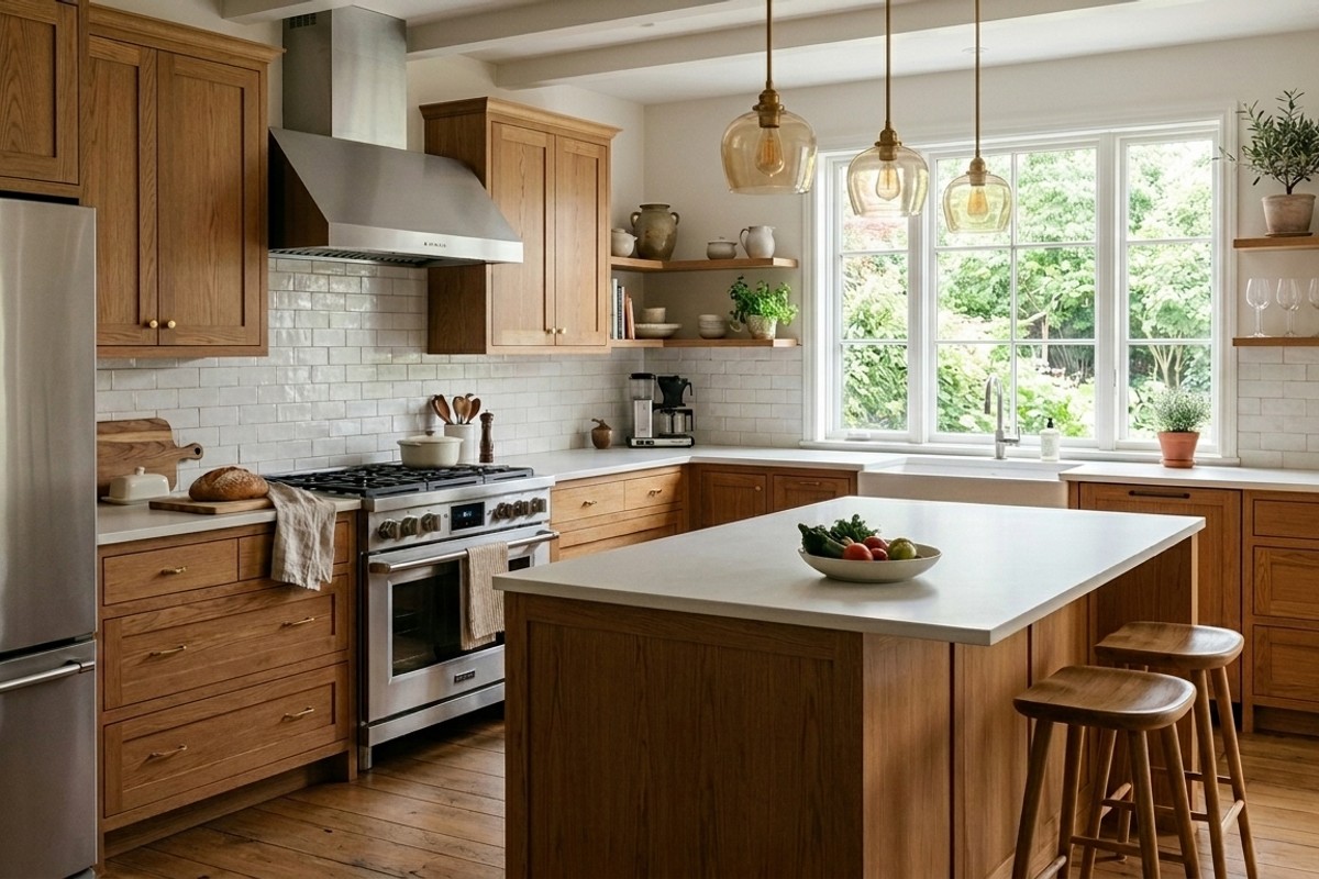 Kitchen interior showing harmonious blend of warm wood tones, cool metallics, and varied textures.
