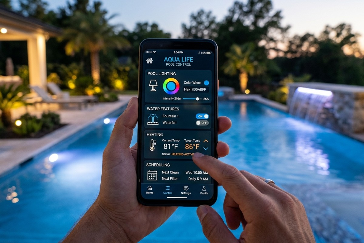 Smartphone displaying a smart pool technology app interface for controlling lighting, water features, heating, and cleaning remotely.