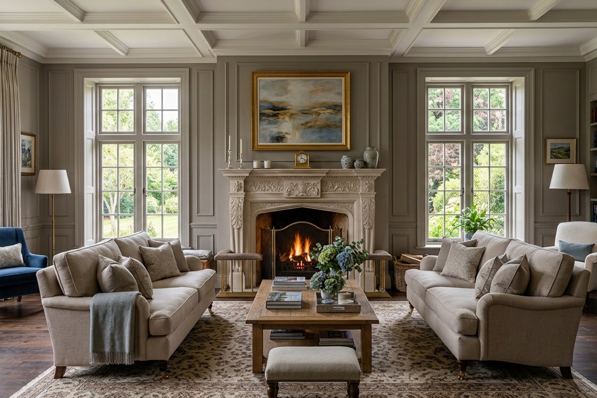Sophisticated living room featuring a grand fireplace as a striking focal point, with furniture arranged to highlight it.