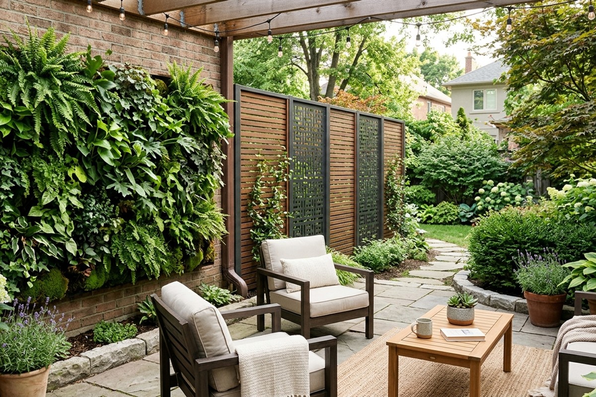 Patio with a vertical garden and decorative privacy screen for added intimacy.
