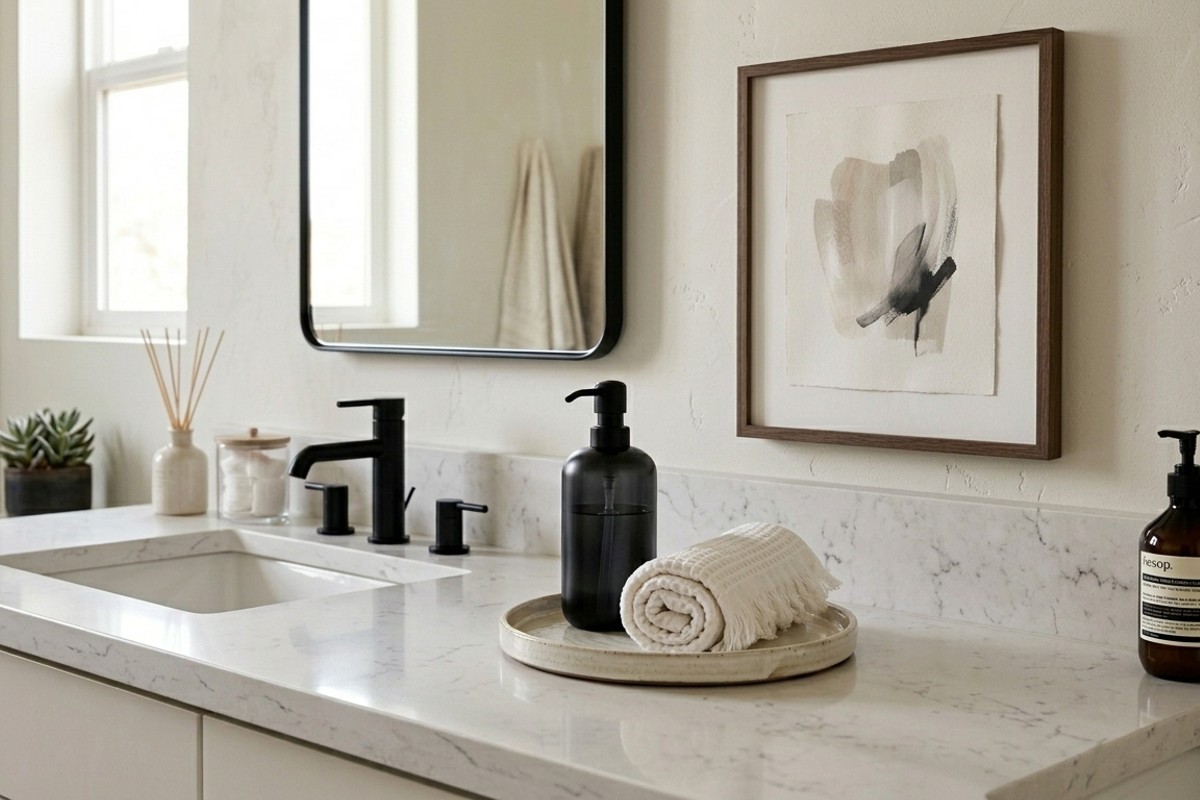 Bathroom vanity with sleek soap dispenser, decorative tray, and framed abstract art