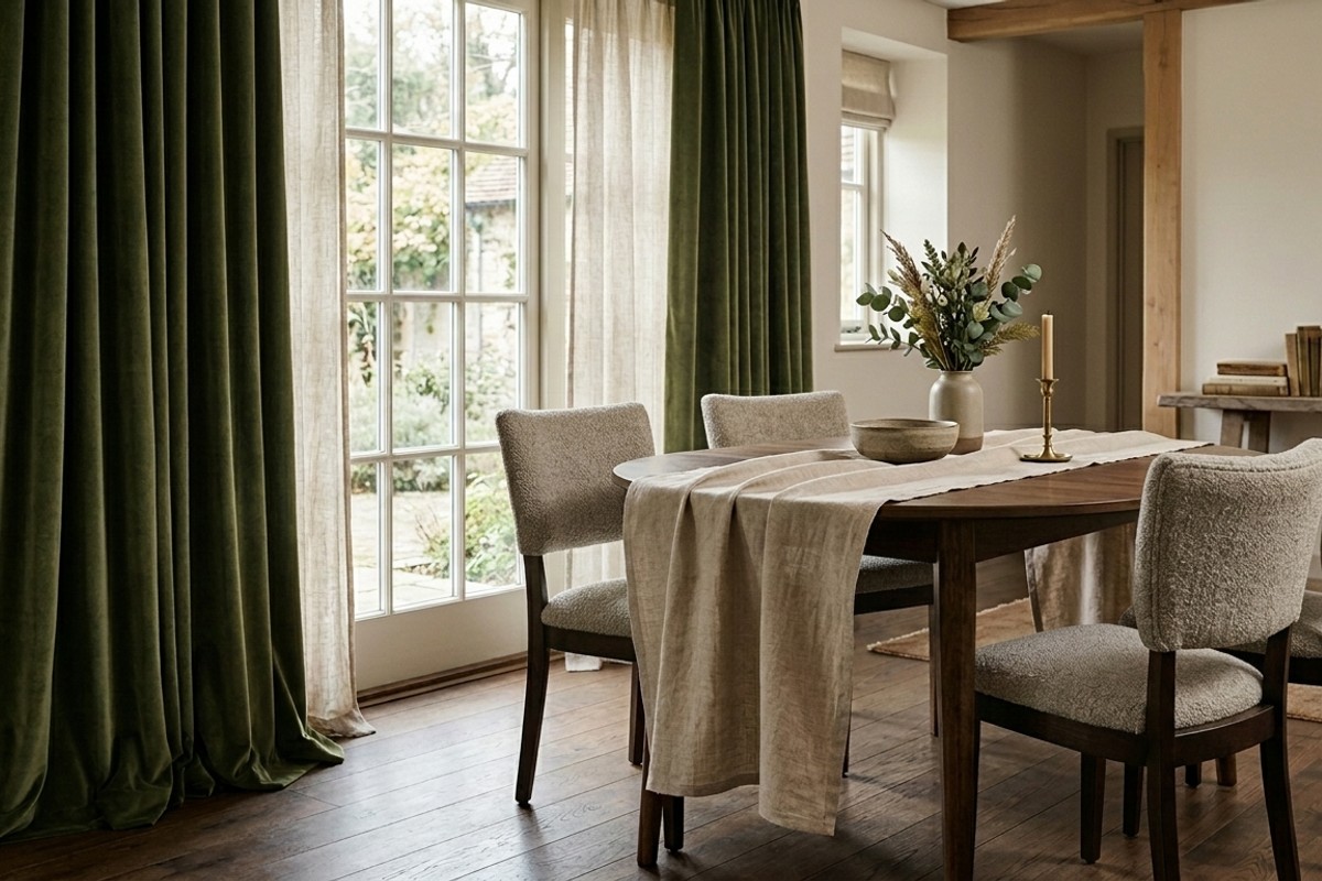 Dining room with floor-length velvet drapes and upholstered chair cushions.