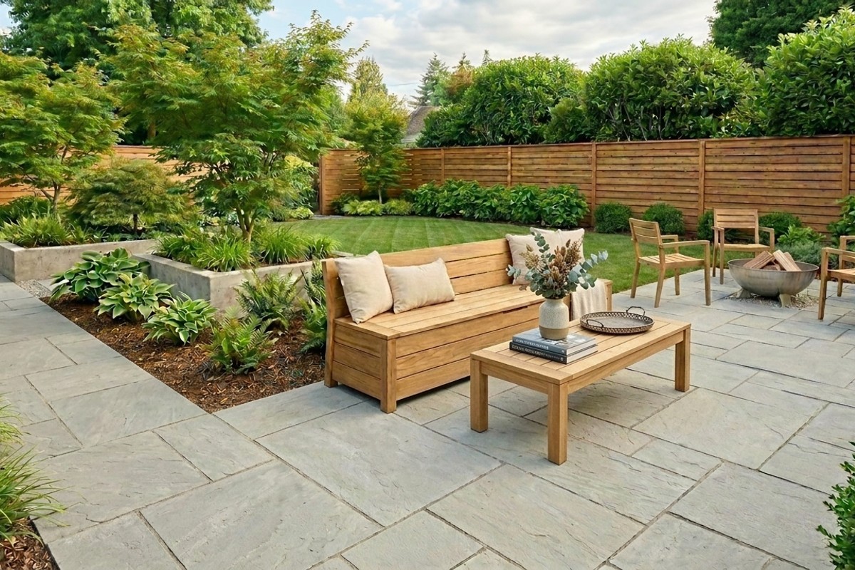 Tidy, clutter-free backyard retreat featuring a sleek bench with hidden storage and clear pathways, promoting a peaceful aesthetic.