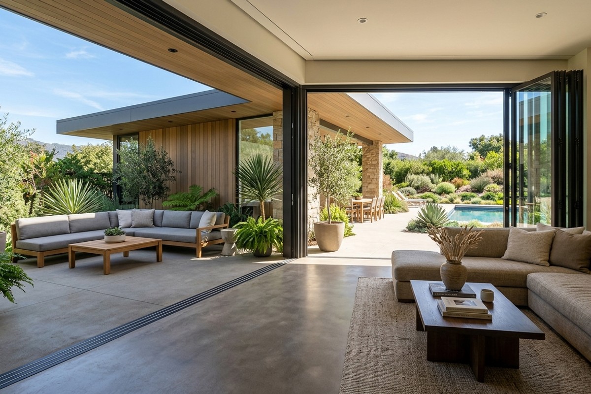 Living room with bifold doors open, creating a seamless indoor-outdoor flow to a patio with consistent design.
