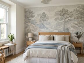 Small bedroom with an accent wall featuring subtle patterned wallpaper to add depth and character.