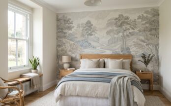 Small bedroom with an accent wall featuring subtle patterned wallpaper to add depth and character.