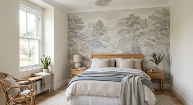 Small bedroom with an accent wall featuring subtle patterned wallpaper to add depth and character.