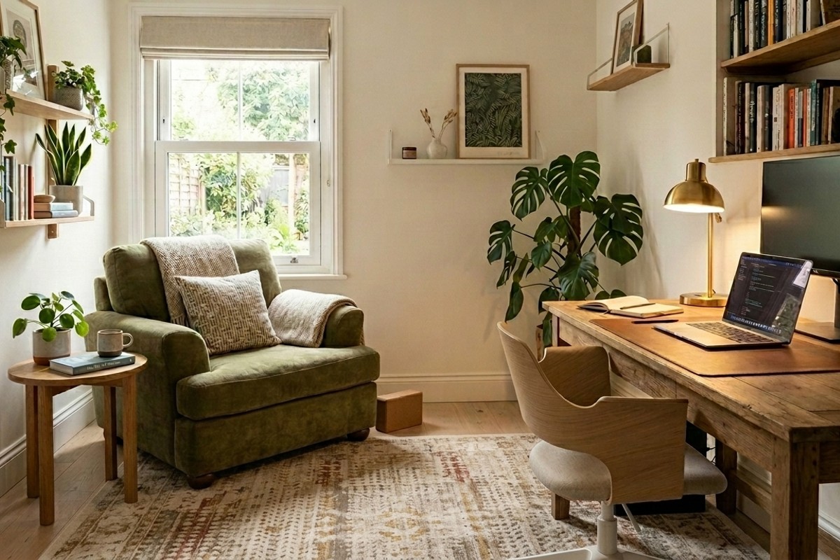 A productive home office with a comfortable armchair and a small floor mat for breaks and stretching.