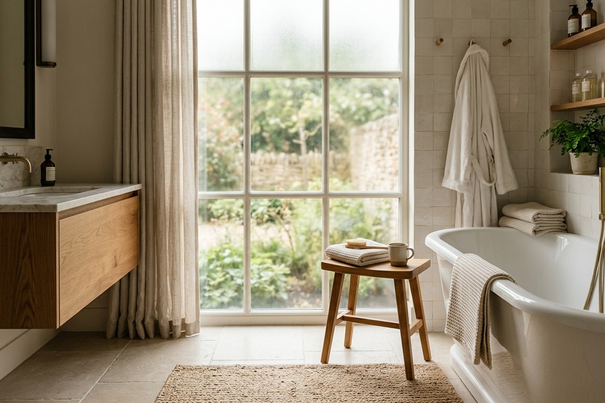 Comforting wooden stool provides a seating spot in a tranquil spa-like bathroom.