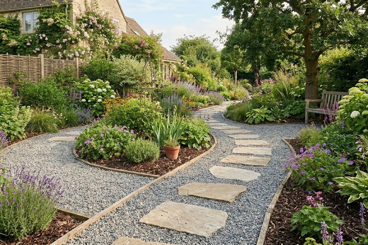 Accessible garden pathways with wide gravel and strategically placed stepping stones, allowing easy reach to garden beds.