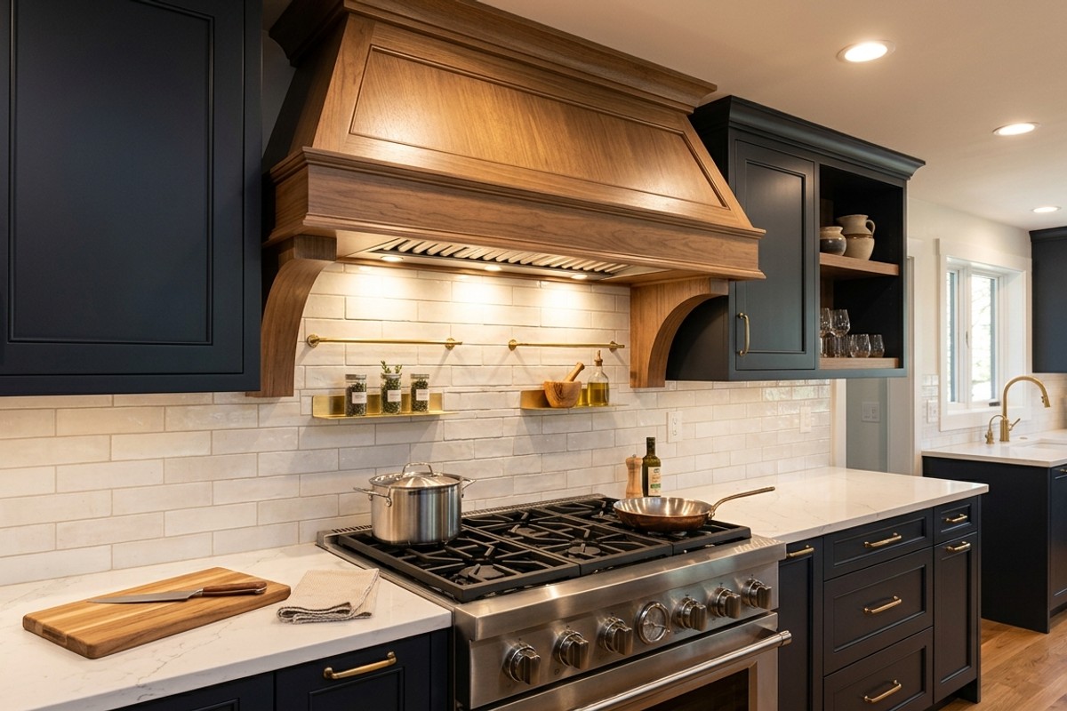 Stylish kitchen with a powerful, sleek stainless steel range hood above a modern stovetop