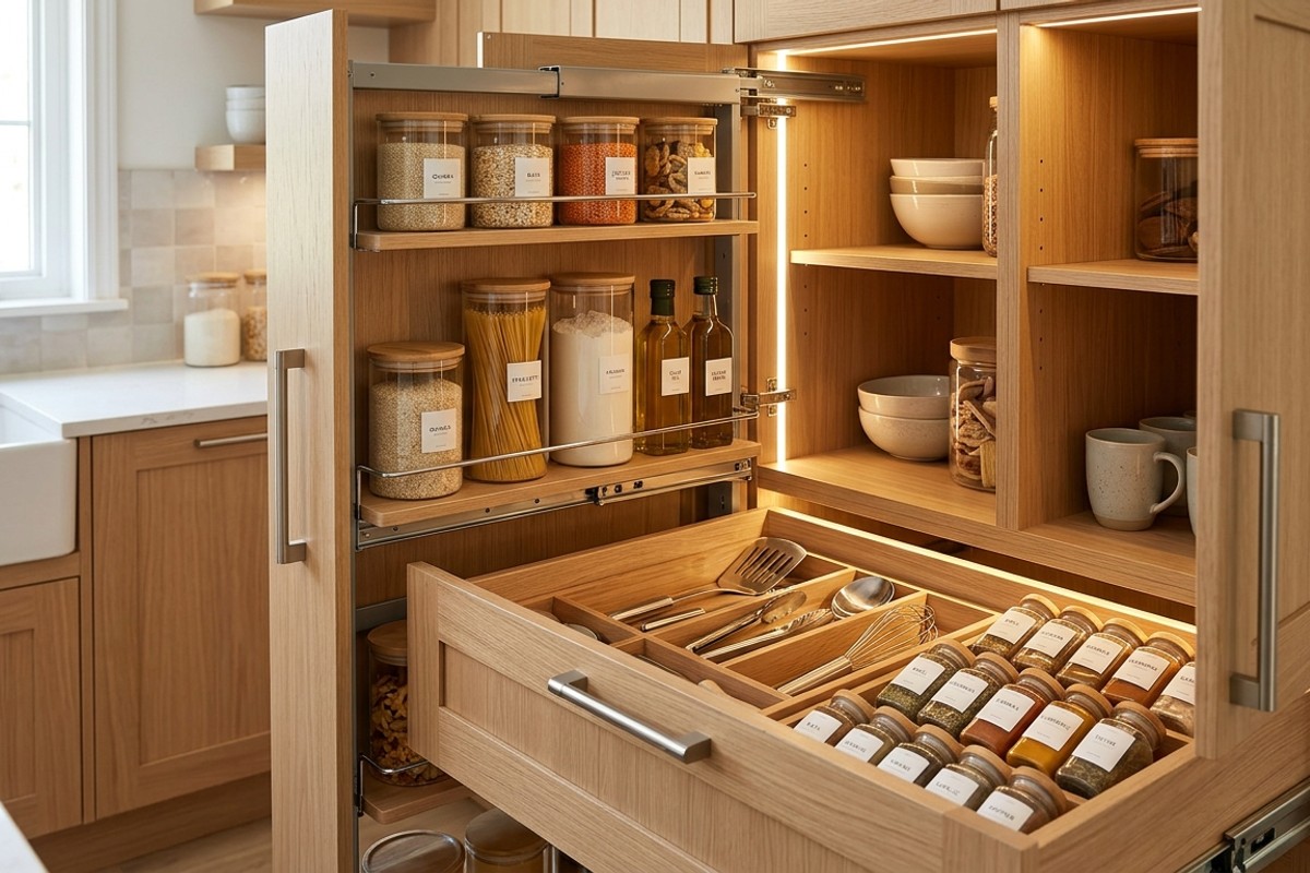 Open kitchen cabinet revealing pull-out pantry shelves and deep drawers with dividers for organized storage