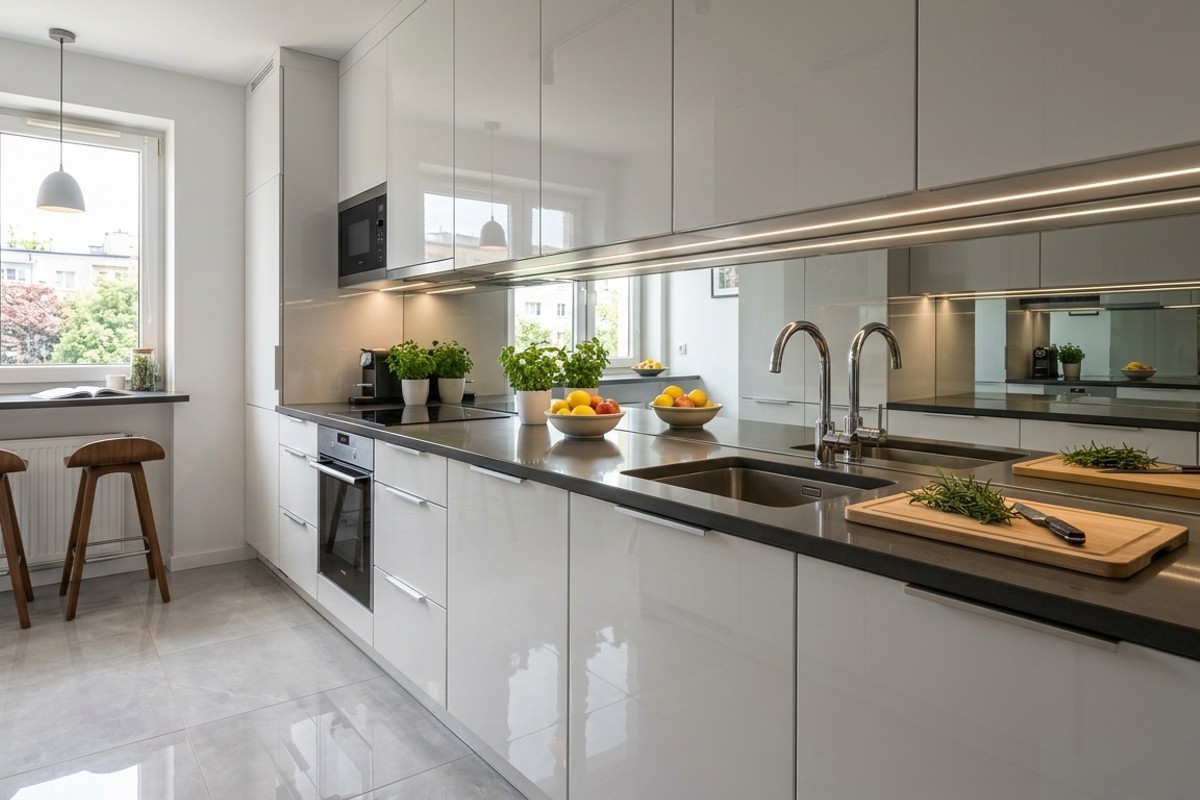 Small kitchen featuring a mirrored backsplash and high-gloss white cabinets to expand depth.
