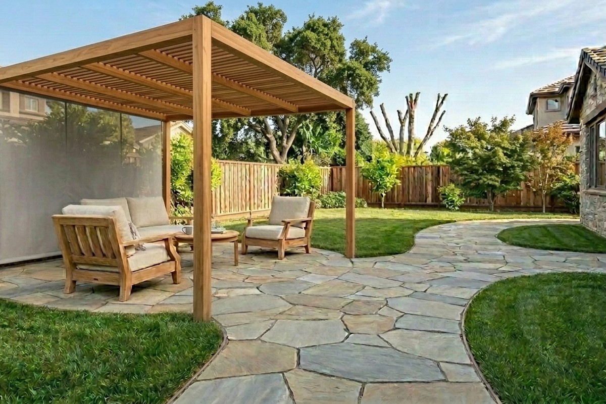Outdoor patio with flagstone pavers and decomposed granite, showcasing low-maintenance hardscaping.
