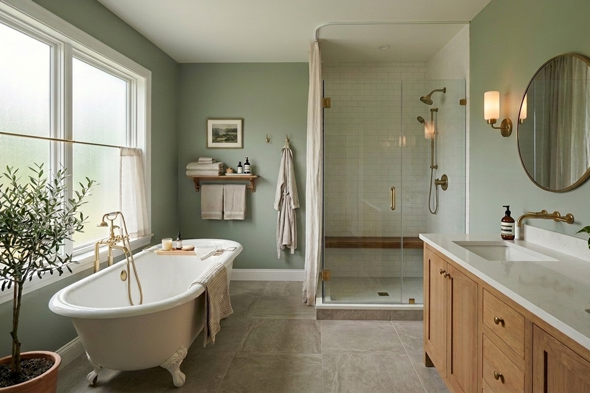 Bathroom decor with a soothing color palette of sage green walls, warm grey tiles, and soft white fixtures.