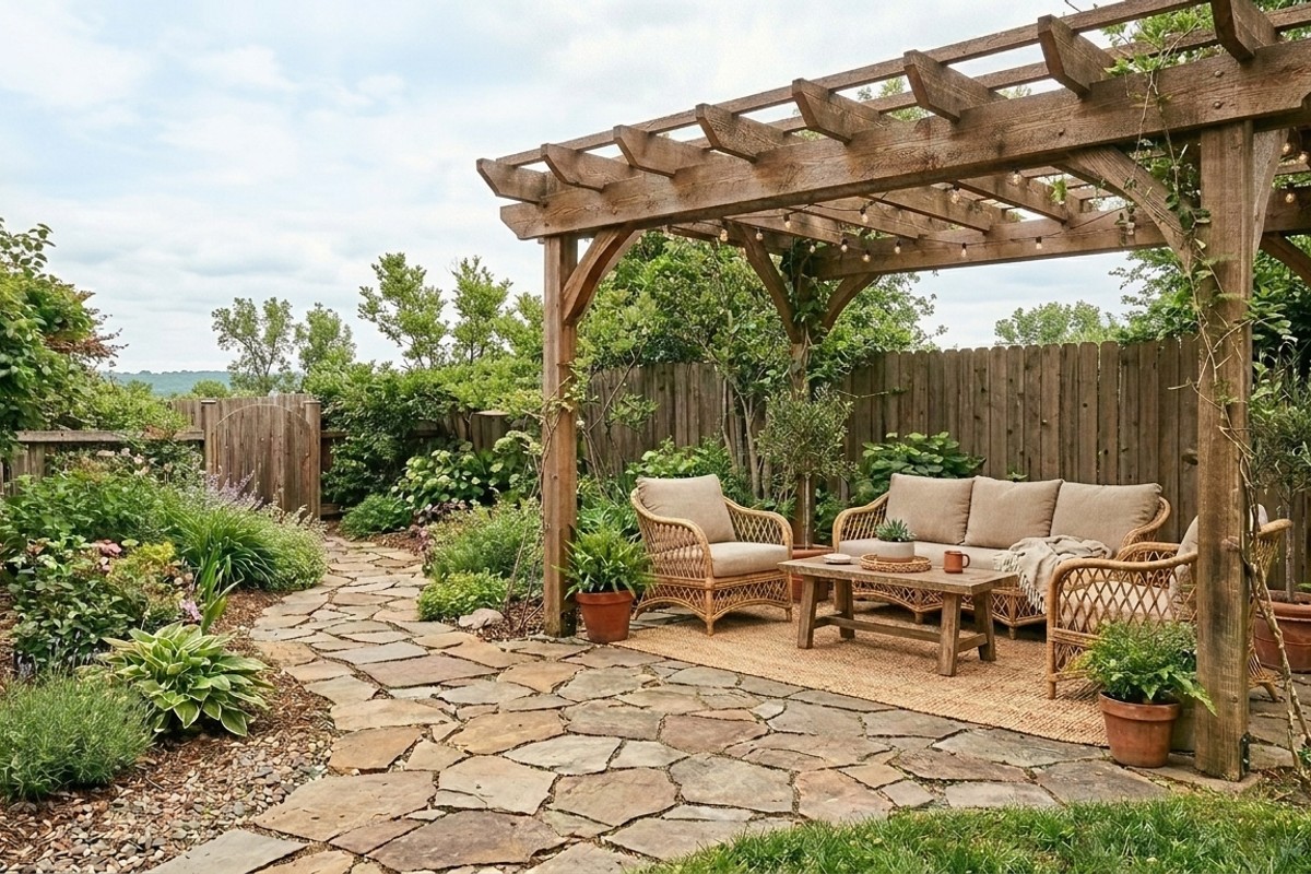Backyard retreat showcasing natural materials like a cedar pergola, flagstone pathway, and rattan furniture with linen cushions.