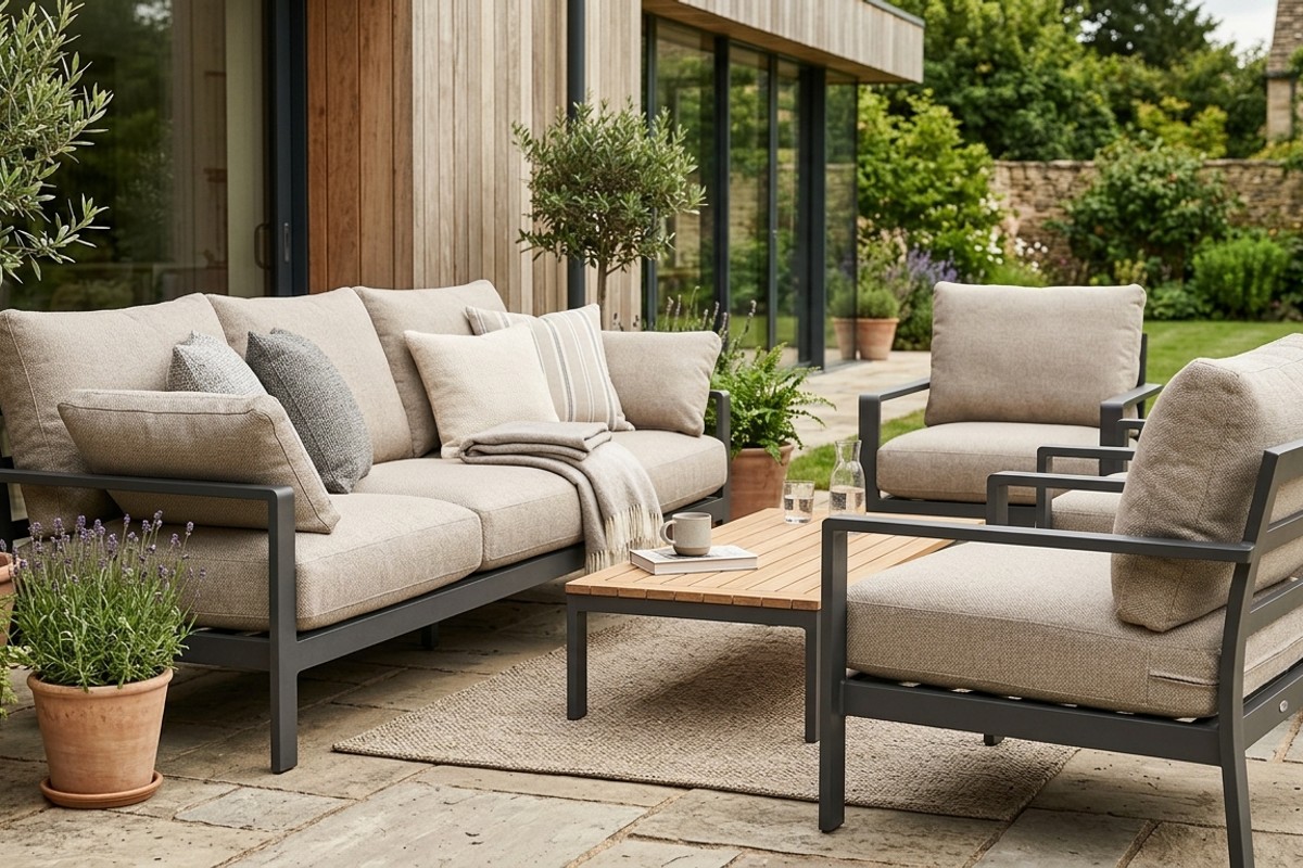 Deep-seated patio sofa and armchairs with plush, quick-drying cushions made from weather-resistant material.