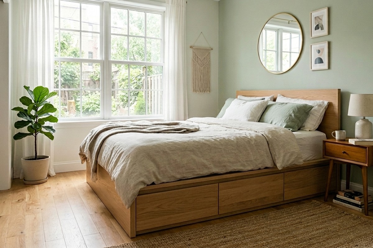 Platform bed with integrated storage drawers and cubbies in a compact bedroom.