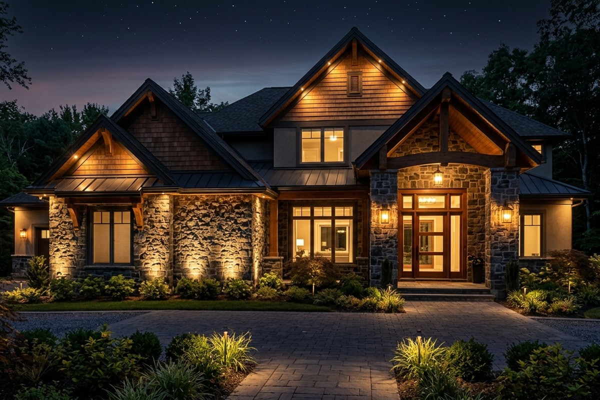 House facade at night with strategic up-lighting on a textured stone wall and sconces around the entryway.