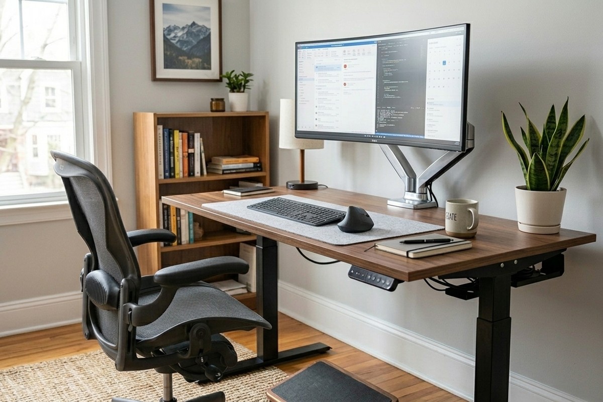 An ergonomic home office setup with an adjustable chair, monitor arm, and a standing desk for comfort.