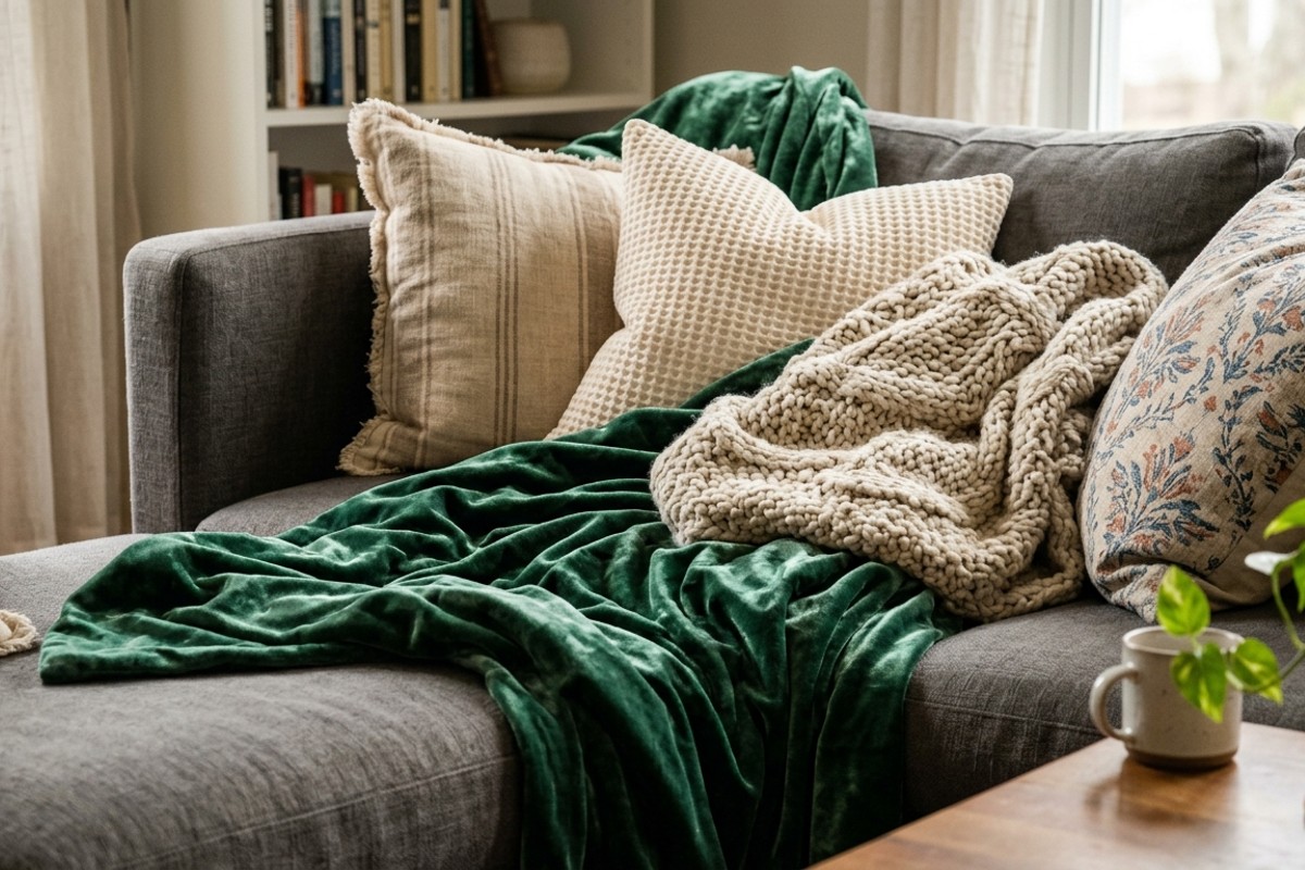 Cozy living room sofa layered with plush velvet throws, chunky knit blankets, and soft linen pillows.