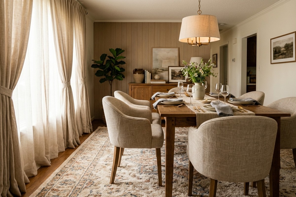 Dining room with soft textiles: plush area rug, upholstered chairs, and elegant drapery for warmth and comfort.