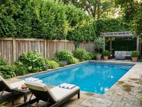 Pool area with tall hedges and slatted wooden fence for privacy
