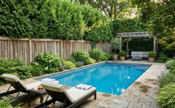 Pool area with tall hedges and slatted wooden fence for privacy