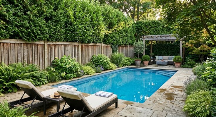 Pool area with tall hedges and slatted wooden fence for privacy