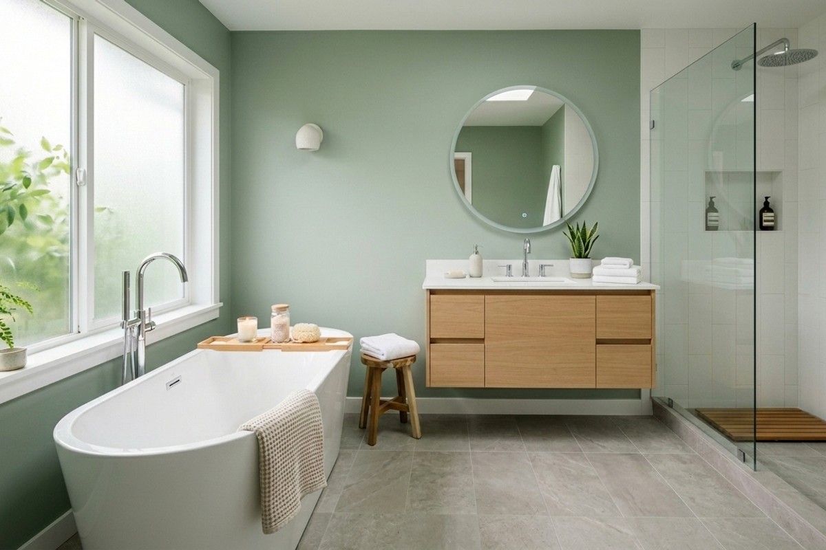 Spa-like bathroom with a soothing color palette of soft sage green and white for a relaxing ambiance.