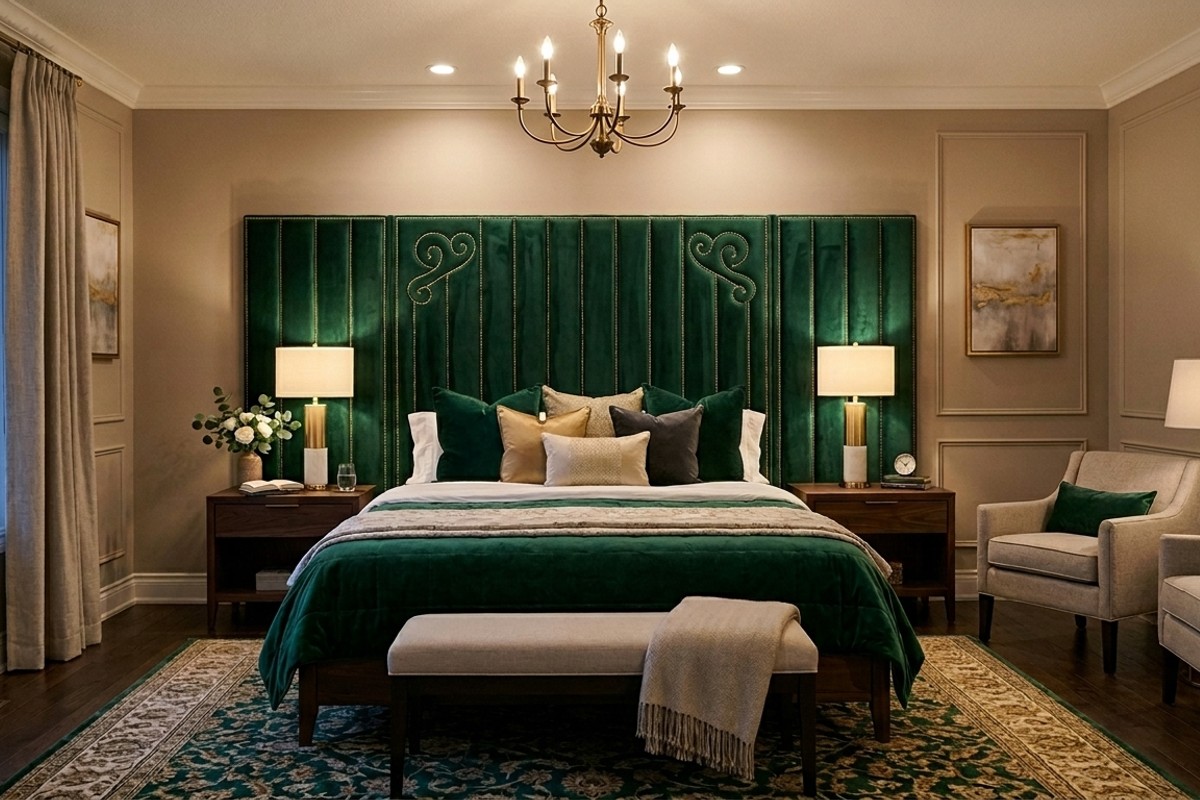 Luxurious bedroom with a custom upholstered velvet headboard, serving as a focal point.