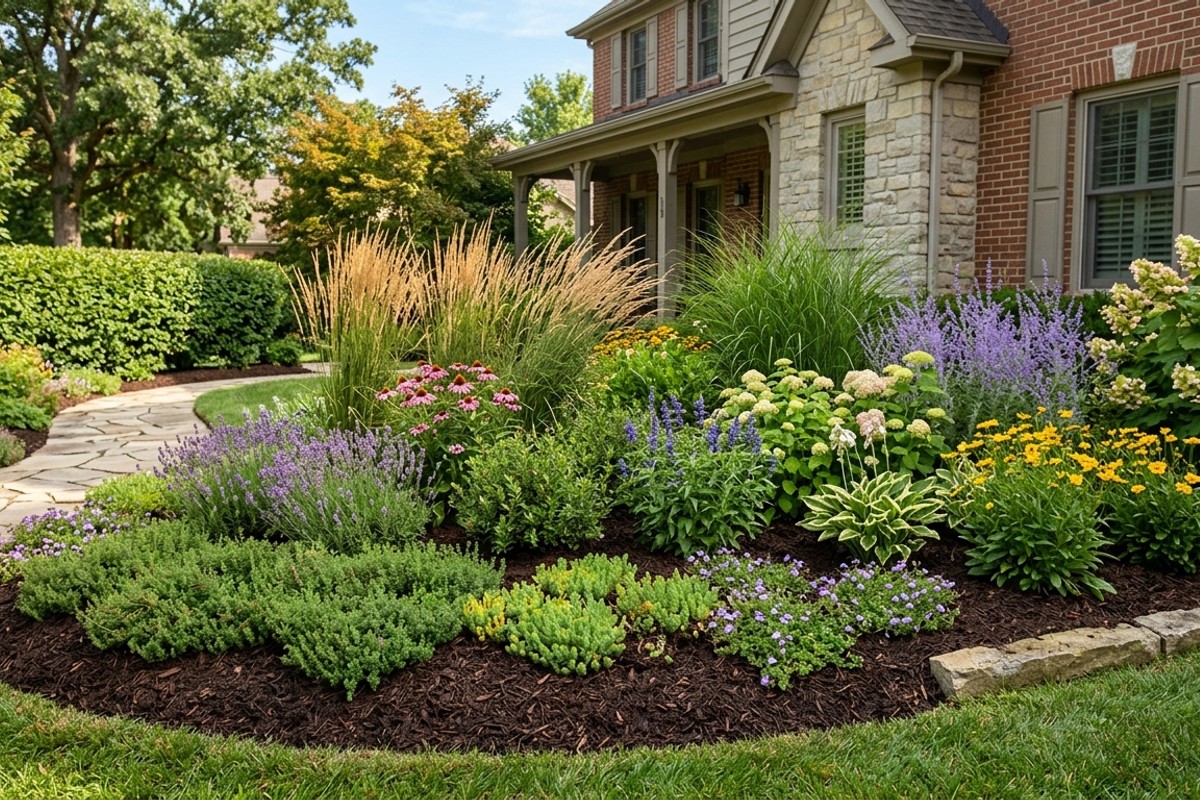 Layered landscaping with varied plant heights, crisp garden bed edges, and fresh mulch.