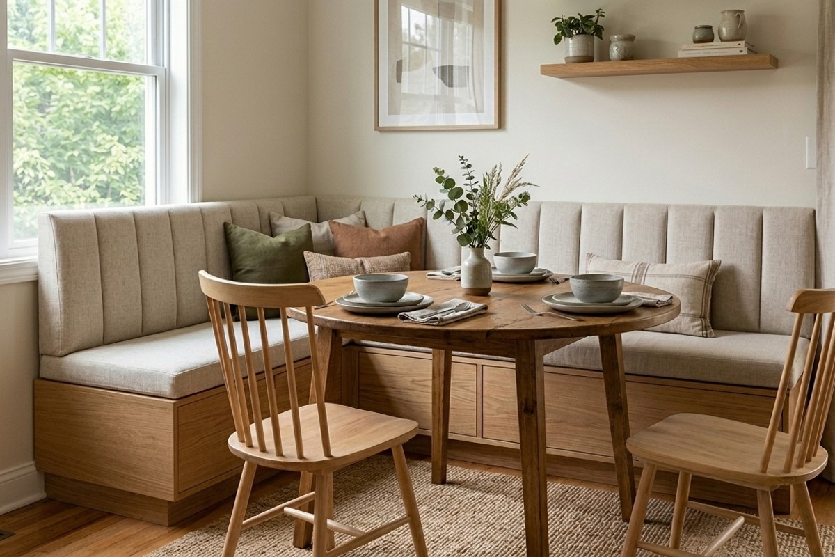 Built-in banquette seating with hidden storage in a small dining room.