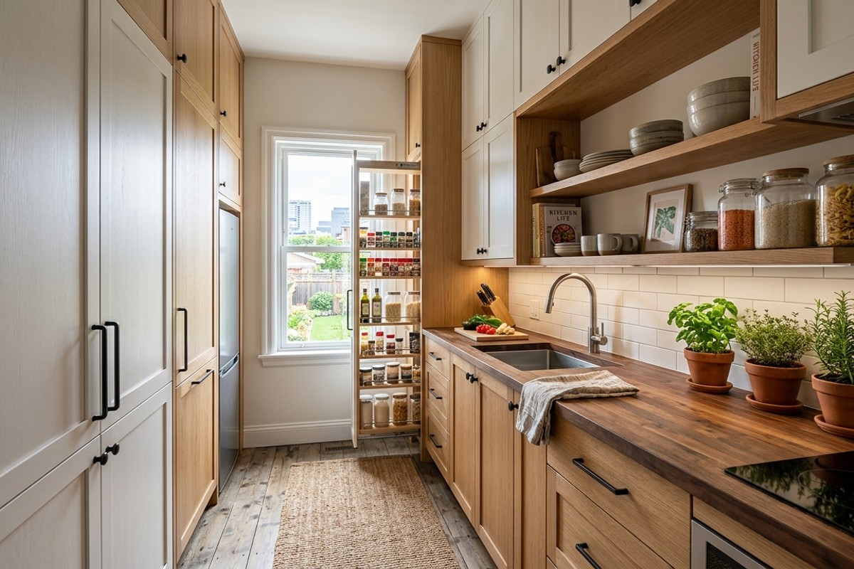 Small kitchen maximizing vertical space with floor-to-ceiling white cabinetry, tall pantry units, and open shelving above countertops.
