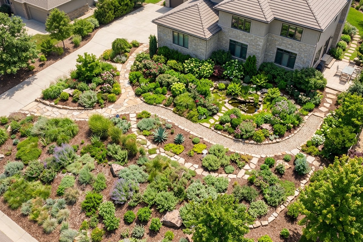 Garden with plants grouped by water needs (hydrozoning), showing thirsty plants near a house and drought-resistant plants in outer zones.